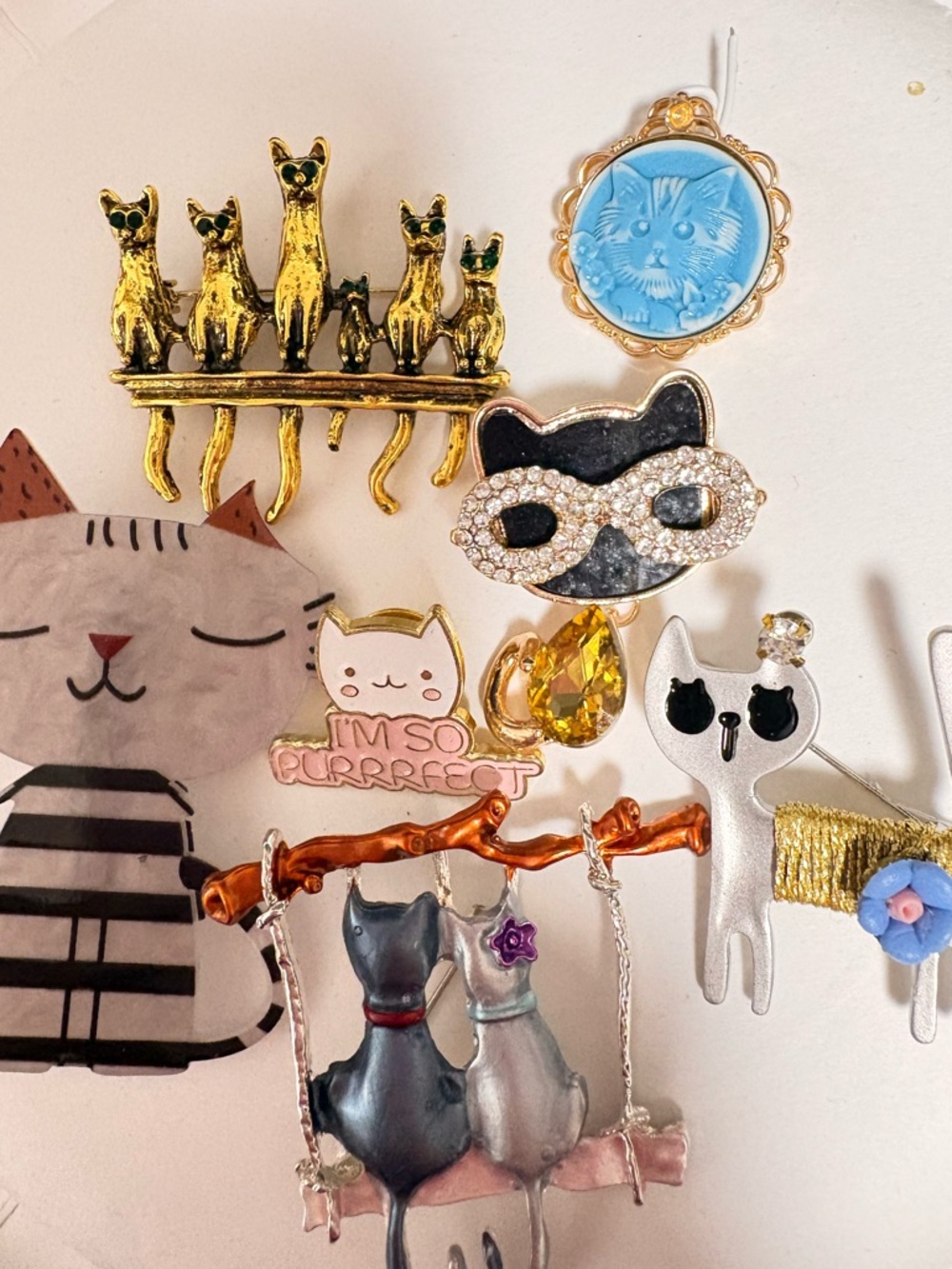Mixed Cat Brooch Pin Lot - Gold, Black, Blue, Yellow Accents